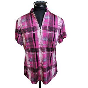 DKNY Golf Zip Neck Short Sleeve Top Pink Plaid Print | Size S